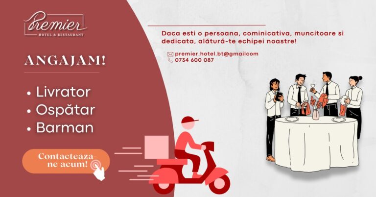 Hotel&restaurant Premier Botoșani angajează livratori, ospătari și barmani! Hotel&restaurant Premier Botoșani angajează livratori, ospătari și barmani!