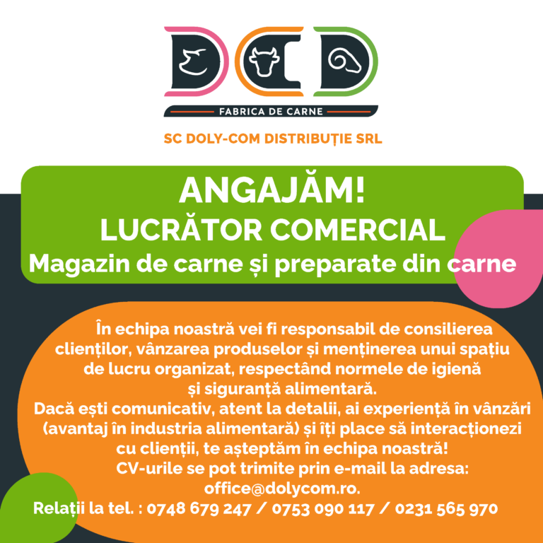 SC Doly-Com Distribuție angajează lucrători comerciali pentru magazinele de carne și preparate din carne