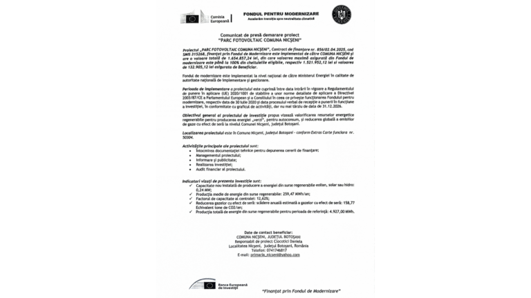 Nicșeni dă startul unui parc fotovoltaic de peste 1,6 milioane lei