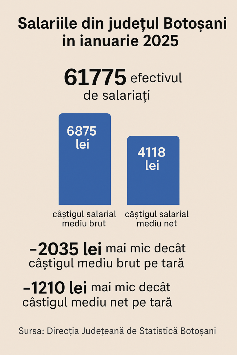 Mai mulți salariați în Botoșani, dar salarii mai mici cu peste 1.200 lei față de media națională