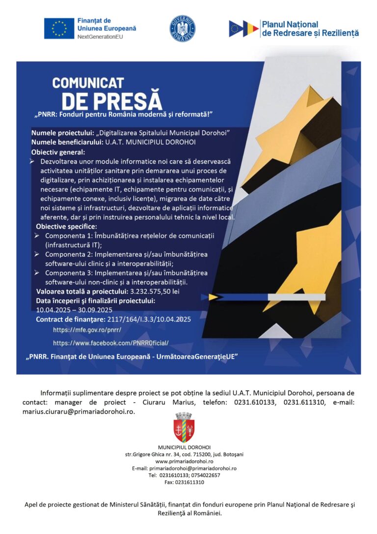 Digitalizare de peste 3,2 milioane lei la Spitalul Municipal Dorohoi, cu fonduri prin PNRR Digitalizare de peste 3,2 milioane lei la Spitalul Municipal Dorohoi, cu fonduri prin PNRR