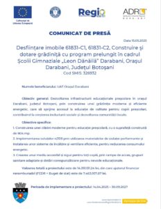 Anunț Primăria Darabani: construire și dotare grădinița cu program prelungit în cadrul Școlii ”Leon Dănăilă”