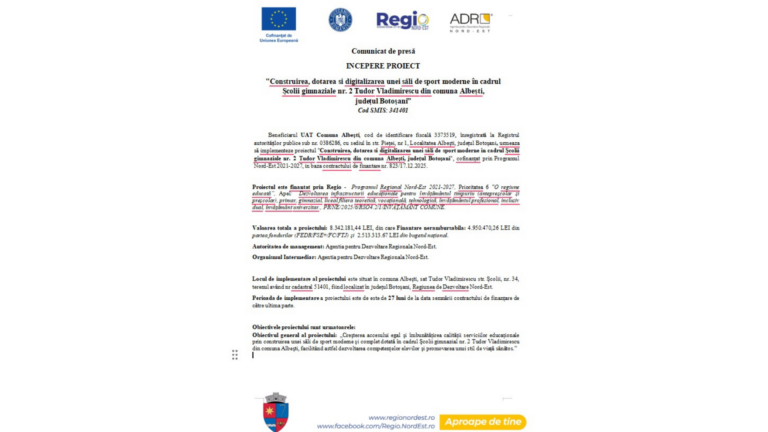 Comunicat de presă INCEPERE PROIECT „Construirea, dotarea si digitalizarea unei săli de sport moderne în cadrul Școlii gimnaziale nr. 2 Tudor Vladimirescu din comuna Albești, județul Botoșani” Comunicat de presă INCEPERE PROIECT "Construirea, dotarea si digitalizarea unei săli de sport moderne în cadrul Școlii gimnaziale nr. 2 Tudor Vladimirescu din comuna Albești, județul Botoșani”