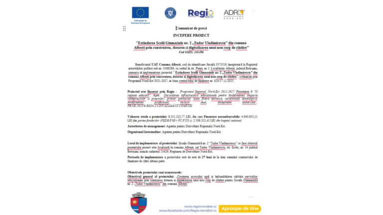Începe proiectul de extindere a Școlii 2 ”Tudor Vladimirescu” din Albești