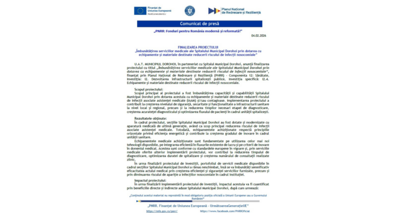 Finalizarea proiectului „Îmbunătățirea serviciilor medicale ale Spitalului Municipal Dorohoi prin dotarea cu echipamente și materiale destinate reducerii riscului de infecții nosocomiale”