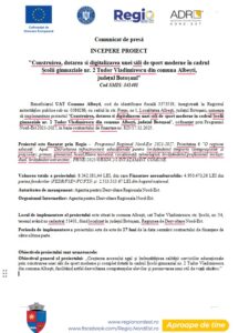 Comunicat de presă INCEPERE PROIECT "Construirea, dotarea si digitalizarea unei săli de sport moderne în cadrul Școlii gimnaziale nr. 2 Tudor Vladimirescu din comuna Albești, județul Botoșani”
