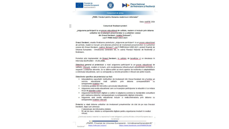 Comunicat de presa „PNRR: Fonduri pentru Romania moderna si reformata” în Darabani