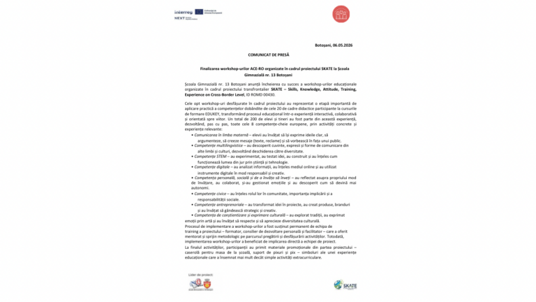 Finalizarea workshop-urilor ACE-RO organizate în cadrul proiectului SKATE la Școala Gimnazială nr. 13 Botoșani
