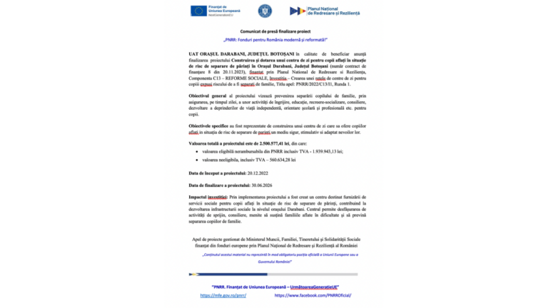 Darabani a finalizat o investiție prin PNRR: centru de zi pentru copii aflați în situația de risc