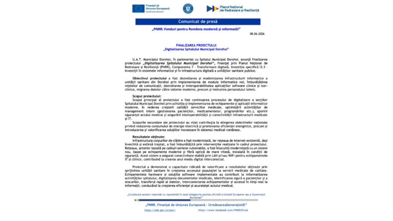 FINALIZAREA PROIECTULUI „Digitalizarea Spitalului Municipal Dorohoi”