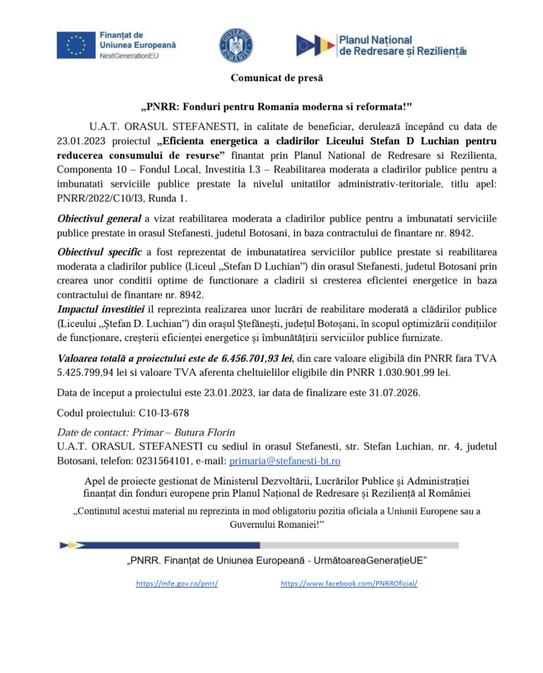 Comunicat de presă „PNRR: Fonduri pentru Romania moderna si reformata!" U.A.T. Orașul Ștefănești