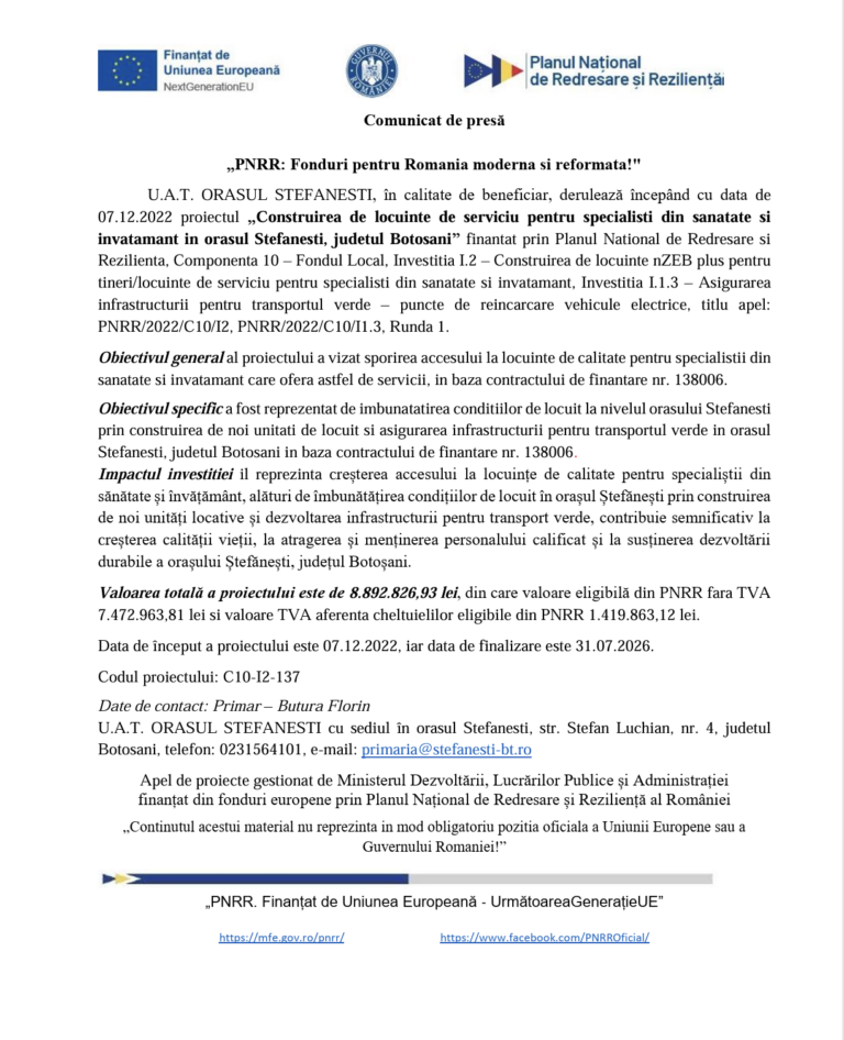 Locuințe în bloc nZEB plus în Ștefănești pentru specialiștii din sănătate și învățământ