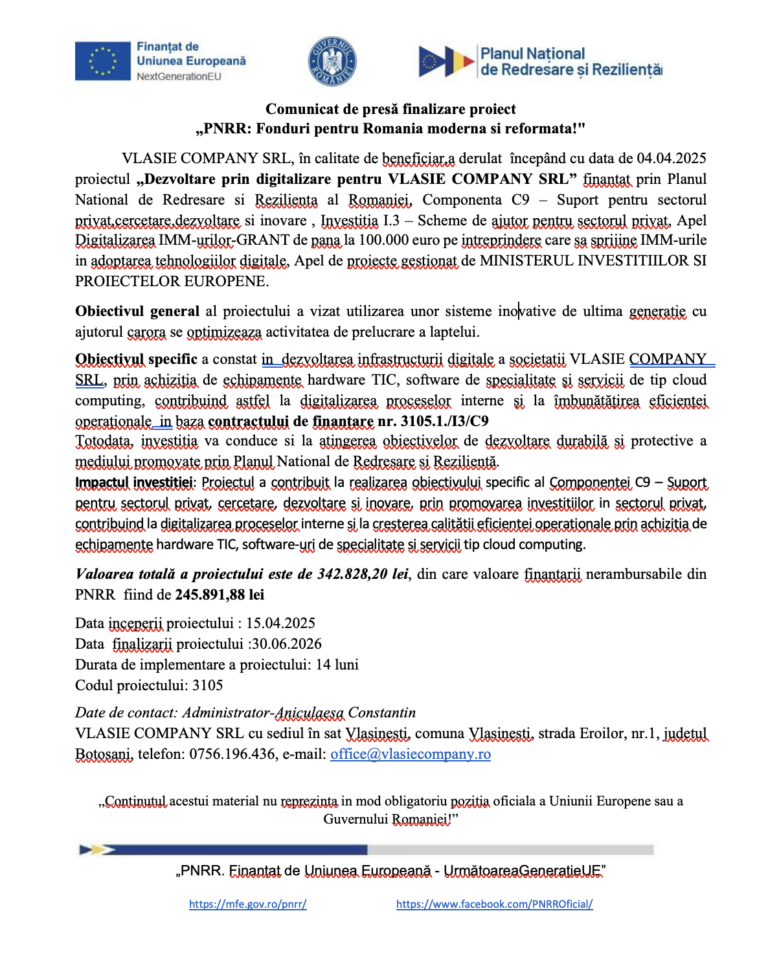 Dezvoltare prin digitalizare pentru VLASIE COMPANY SRL Dezvoltare prin digitalizare pentru VLASIE COMPANY SRL