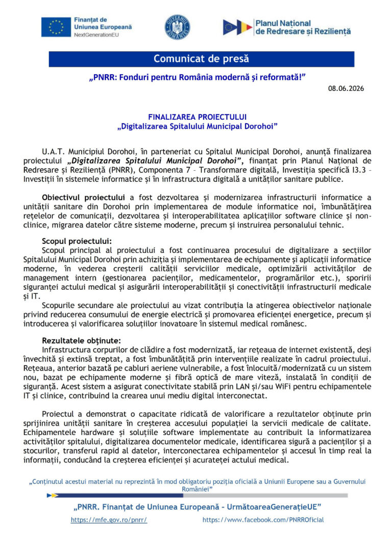 FINALIZAREA PROIECTULUI „Digitalizarea Spitalului Municipal Dorohoi”