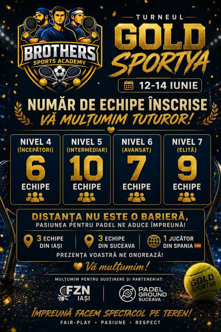 GOLD SPORTYA 2026 | 12–14 iunie: 32 de echipe din Botoșani, Iași, Suceava și un jucător din Spania la primul turneu de padel organizat de Padel Brothers Academy GOLD SPORTYA 2026 | 12–14 iunie: 32 de echipe din Botoșani, Iași, Suceava și un jucător din Spania la primul turneu de padel organizat de Padel Brothers Academy