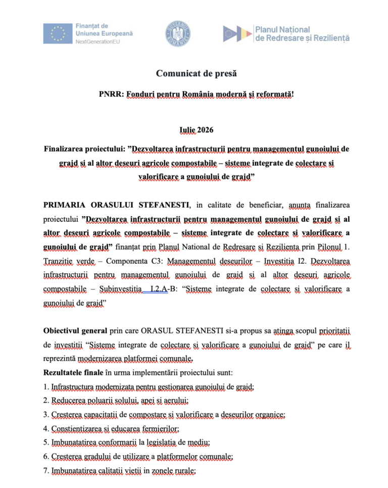 Finalizarea proiectului: ”Dezvoltarea infrastructurii pentru managementul gunoiului de grajd si al altor deseuri agricole compostabile – sisteme integrate de colectare si valorificare a gunoiului de grajd” Finalizarea proiectului: ”Dezvoltarea infrastructurii pentru managementul gunoiului de grajd si al altor deseuri agricole compostabile – sisteme integrate de colectare si valorificare a gunoiului de grajd”