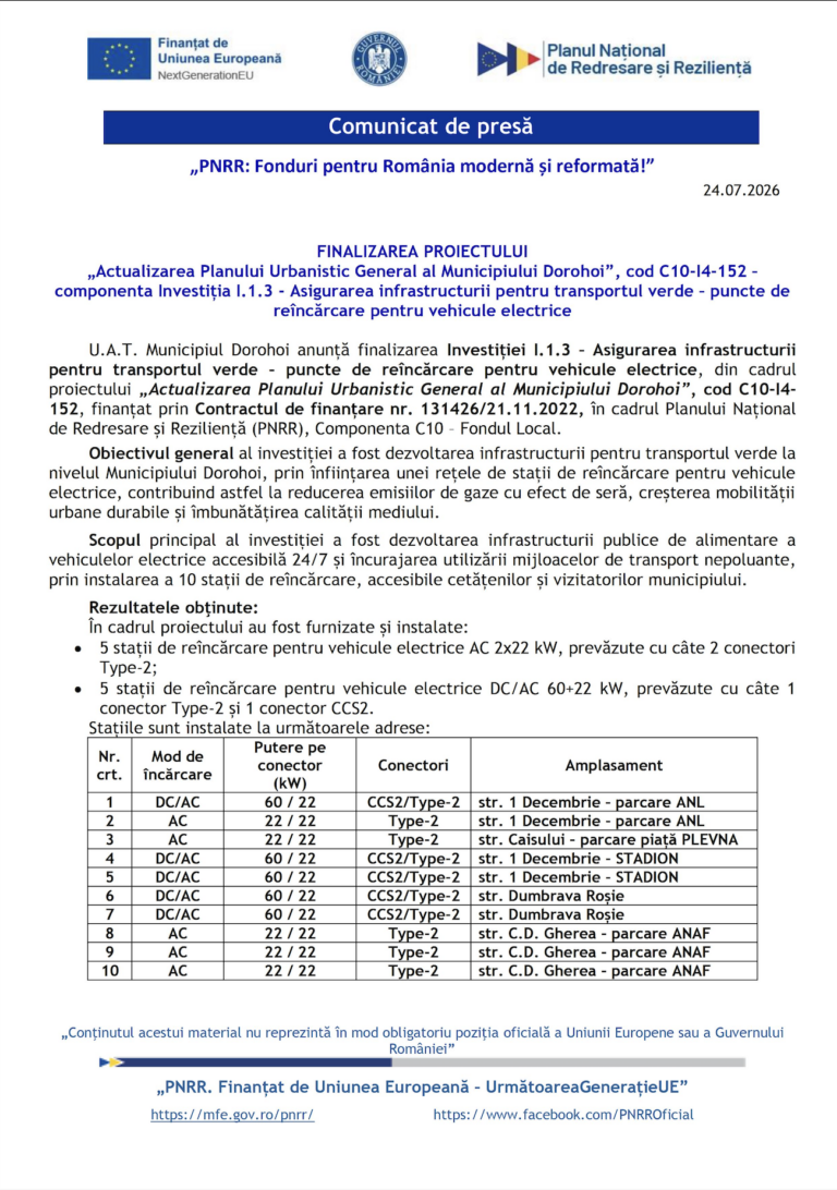 Proiect PNRR finalizat de Primăria municipiului Dorohoi