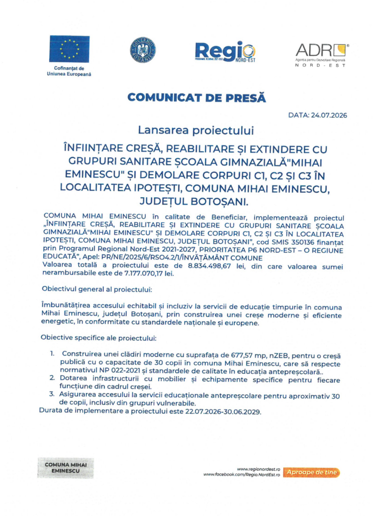 Comuna Mihai Eminescu începe construcția creșei în localitatea Ipotești