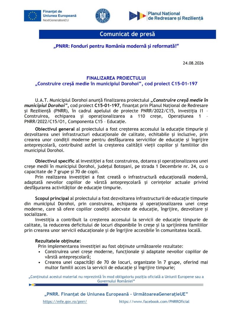 PNRR: FINALIZAREA PROIECTULUI „Construire creșă medie în municipiul Dorohoi”