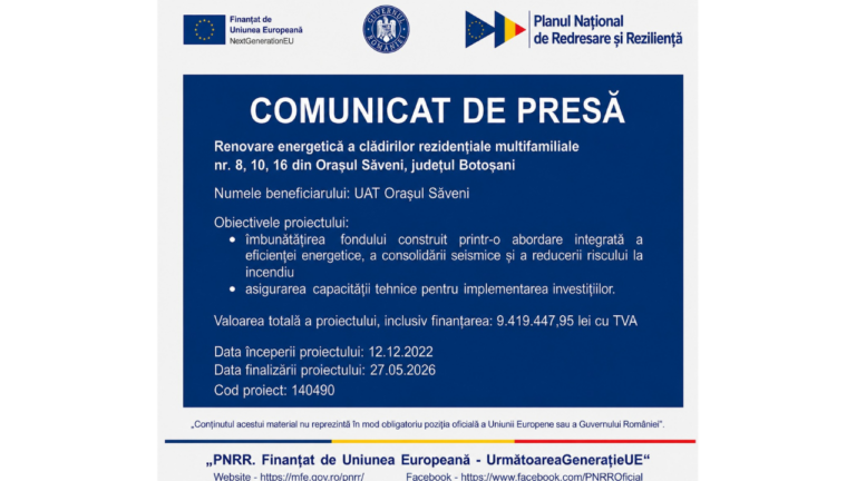 Renovare energetică a clădirilor rezidențiale multifamiliale nr. 8, 10, 16 din Oraşul Săveni, județul Botoşani