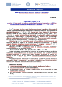 PNRR Dorohoi: Finalizarea proiectului ”Lucrări de intervenție în vederea creșterii performanței energetice a clădirilor rezidențiale multifamiliale”