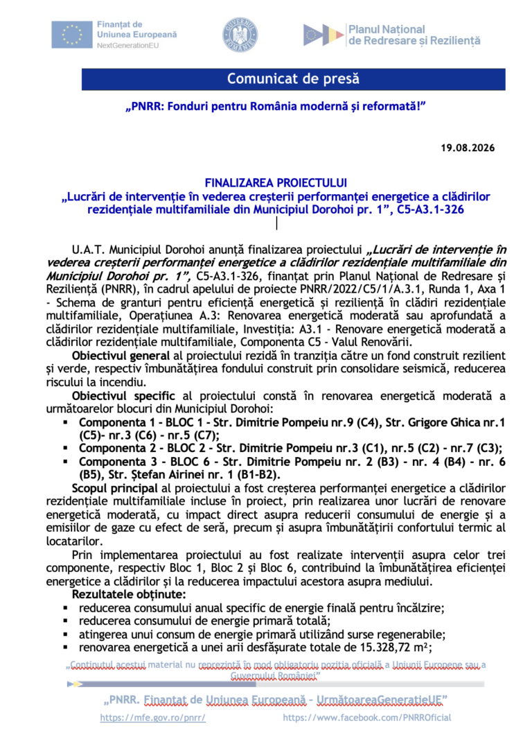 A fost finalizat proiectul ”Lucrări de intervenție în vederea creșterii performanței energetice a clădirilor rezidențiale multifamiliale din Municipiul Dorohoi”