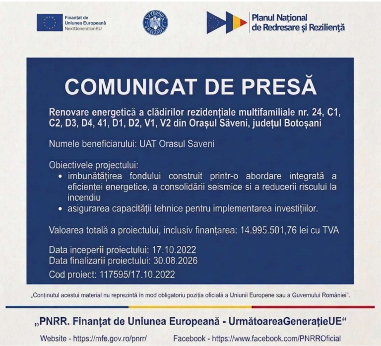 PNRR: A fost finalizat proiectul de reabilitare a clădirilor rezidențiale multifamiliale din orașul Săveni