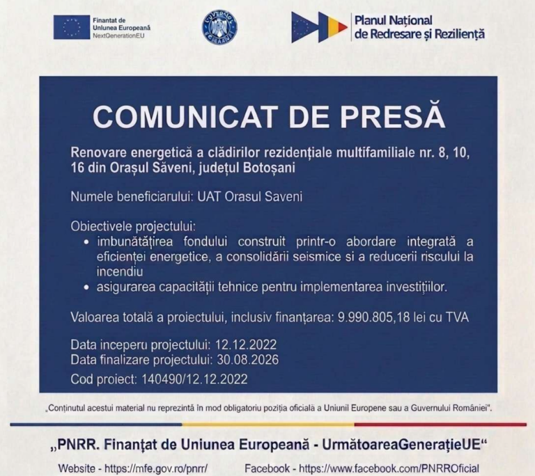 A fost finalizat proiectul ”Renovare energetică a clădirilor rezidențiale multifamiliale nr. 8, 10, 16 din Orașul Săveni”