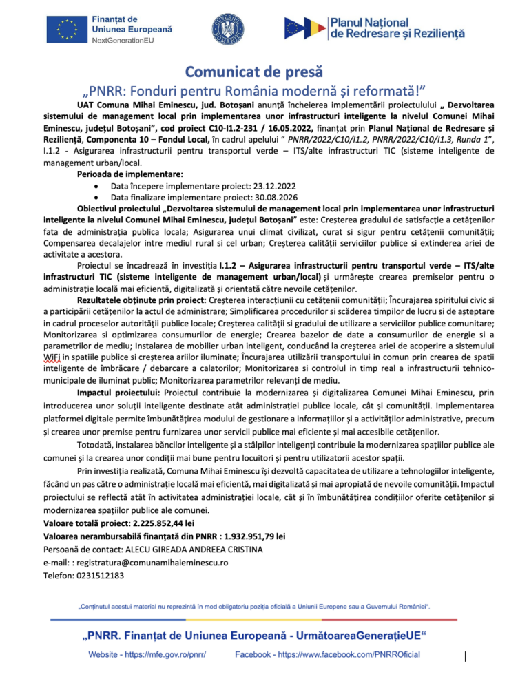 A fost finalizat proiectul PNRR: „Dezvoltarea sistemului de management local prin implementarea unor infrastructuri inteligente la nivelul Comunei Mihai Eminescu, județul Botoșani”