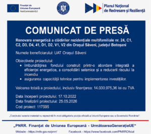 Renovare energetică a clădirilor rezidențiale multifamiliale nr. 24, C1, c2, D3, D4, 41, D1, D2, V1, V2 din Oraşul Săveni, județul Botoşani Numele beneficiarului: UAT Oraşul Săveni 1 Renovare energetică a clădirilor rezidențiale multifamiliale nr. 24, C1, c2, D3, D4, 41, D1, D2, V1, V2 din Oraşul Săveni, județul Botoşani Numele beneficiarului: UAT Oraşul Săveni