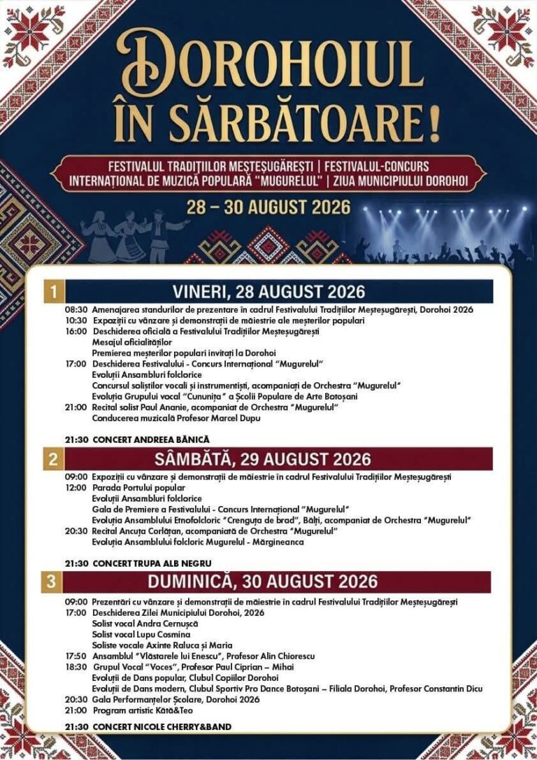 Paul Ananie, Anca Corlațan și Kâtă&Teo, capete de afiș la Festivalul „Mugurelul” și Ziua Municipiului Dorohoi 2026