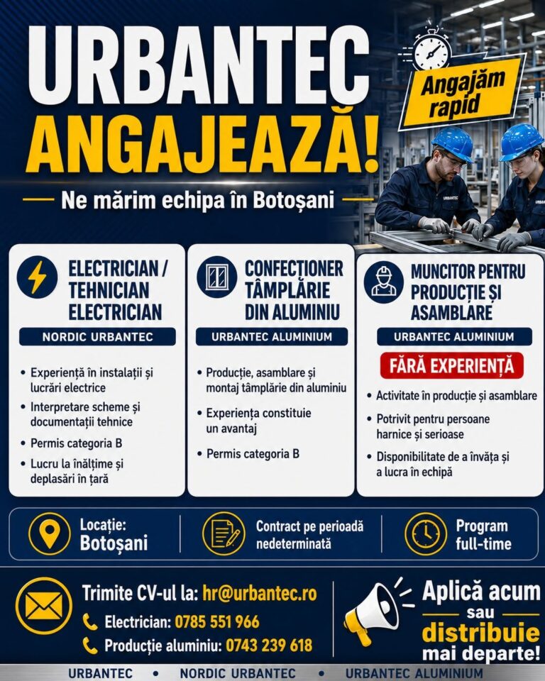 Urbantec angajează electricieni, confecționeri aluminiu și muncitori