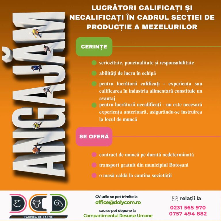 DCD Fabrica de Carne angajează lucrători calificați și necalificați la Botoșani