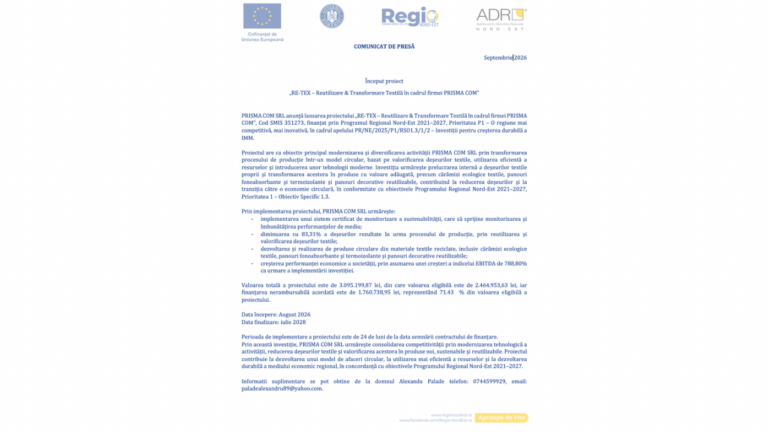 COMUNICAT DE PRESĂ: Început proiect „RE-TEX – Reutilizare & Transformare Textilă în cadrul firmei PRISMA COM” COMUNICAT DE PRESĂ: Început proiect „RE-TEX – Reutilizare & Transformare Textilă în cadrul firmei PRISMA COM”