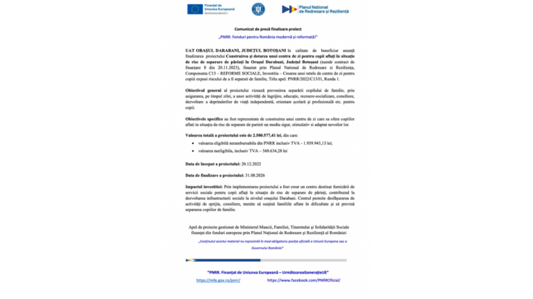 PNRR: A fost finalizat proiectul ”Construirea și dotarea unui centru de zi pentru copii aflați în situație de risc de separare de părinți în Orașul Darabani”