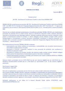 COMUNICAT DE PRESĂ: Început proiect „RE-TEX – Reutilizare & Transformare Textilă în cadrul firmei PRISMA COM” 1 COMUNICAT DE PRESĂ: Început proiect „RE-TEX – Reutilizare & Transformare Textilă în cadrul firmei PRISMA COM”